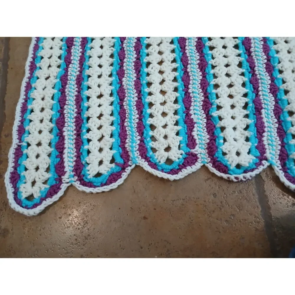 VNT Crochet Blanket Throw Afghan 68.x37 Blue White Stripes Scallop Hippie Granny